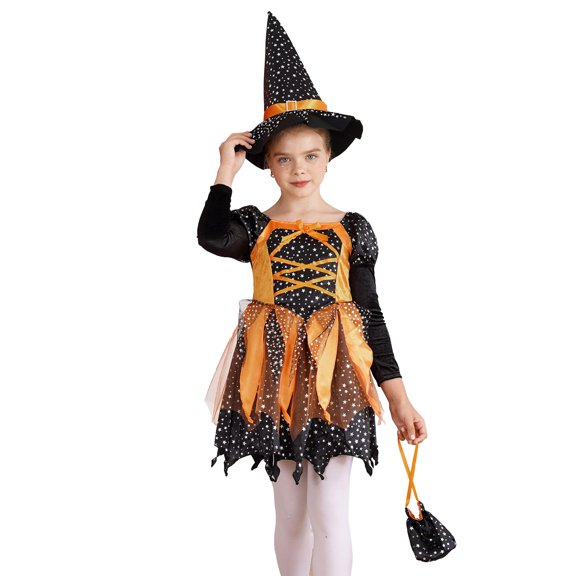 Yruioon Kids Girls Halloween Witch Dress Up Shiny Star Print Long Sleeve Dresses with Hat Candy Bag Orange 8