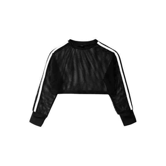 Yruioon Kids Girls Mesh Long Sleeve Crop Top for Workout Gymnastic Dance Sports Round Neck Pullover Black 6