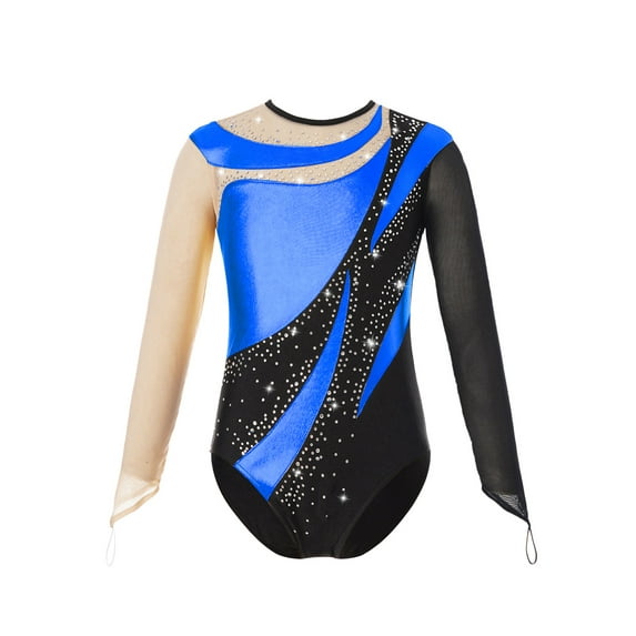 Yruioon Kids Girls Mesh Long Sleeve Shiny Rhinestone Athletic Dance Gymnastic Leotard Bodysuit Royal Blue 10