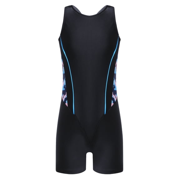 Yruioon Kids Girls One-Piece Swimsuit Open Back Swimming Costume Boyleg Bathing Suit Jumpsuits Blue Camouflage&Black 16