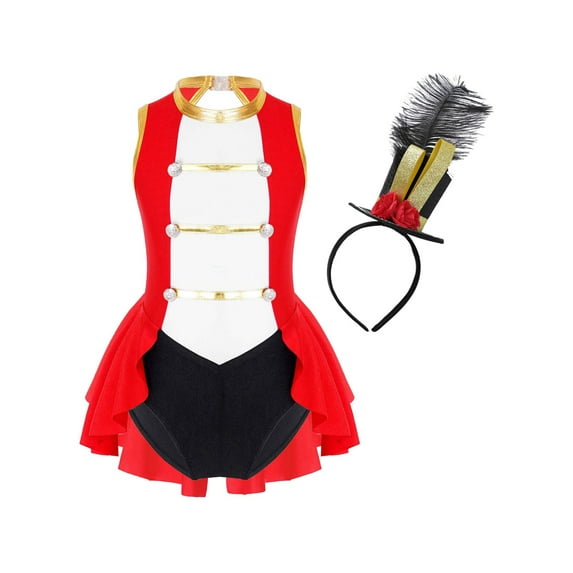 Yruioon Kids Girls Ringmaster Circus Halloween Cosplay Party Costume Dance Leotard with Mini Top Hat Red 14