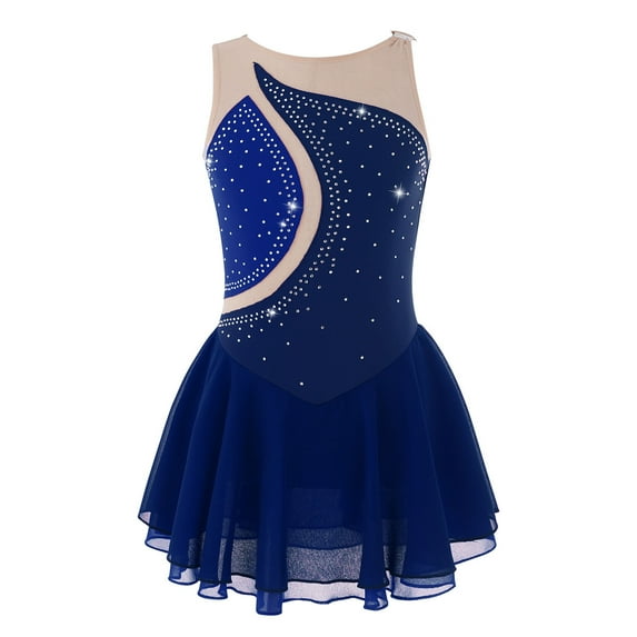 Yruioon Kids Girls Round Neck Mesh Splice Figure Ice Skating Dress Gymnastics Leotard Sleeveless Dark Blue 6