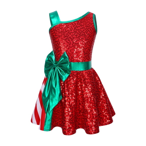 Yruioon Kids Girls Sleeveless Sequin Bowknot Dance Dress Striped Printed Christmas Performance Red 8