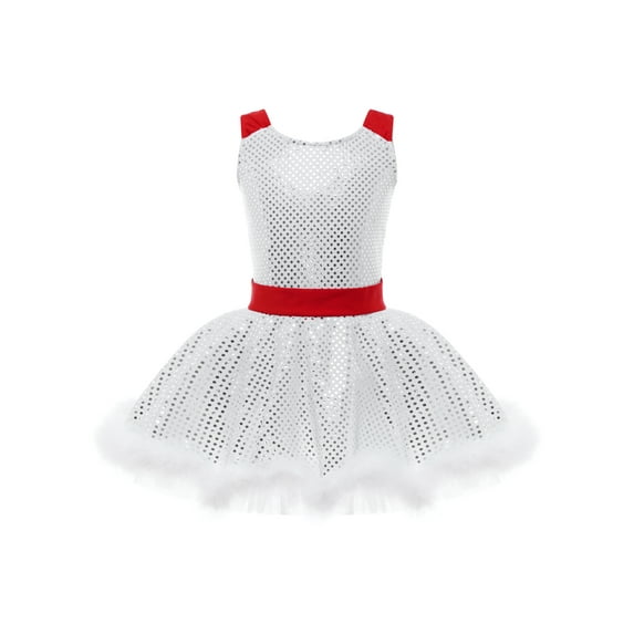 Yruioon Kids Girls Sleeveless Sequin Faux Fur Adorned Leotard Tutu Dress Xmas Ballroom Party Dance White 6