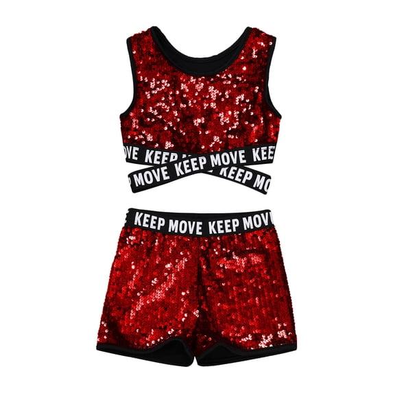 Yruioon Kids Girls Tracksuit 2Pcs Sequins Ballet Dance Yoga Sports Crop Tops with Booty Shorts Gym Red 8