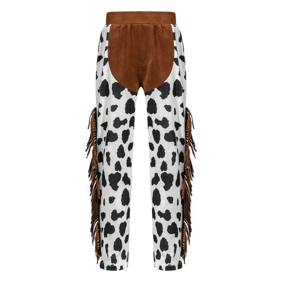 Yruioon Kids Western Cowboy Cowgirl Pants Wild West Cow Print Tassels Trousers Halloween Cosplay White&Black 8