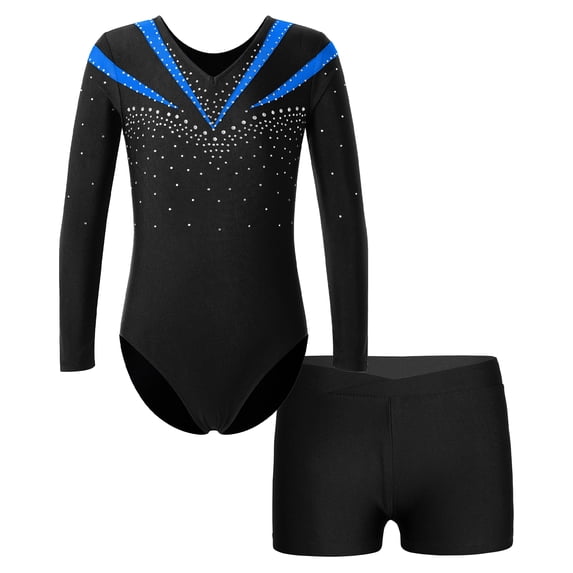 Yruioon Leotard for Girls Gymnastics Ballet Dance Bodysuit with Shorts Set 2 Piece Shiny Rhinestone Blue 12