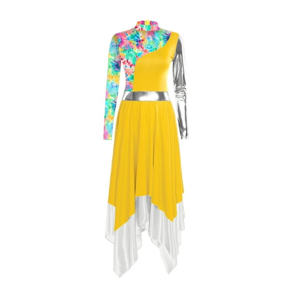 Yruioon Praise Dance Dresses for Women Stylish Color Block Overlays Tunics Irregular Worship Dance Dress Yellow XXL
