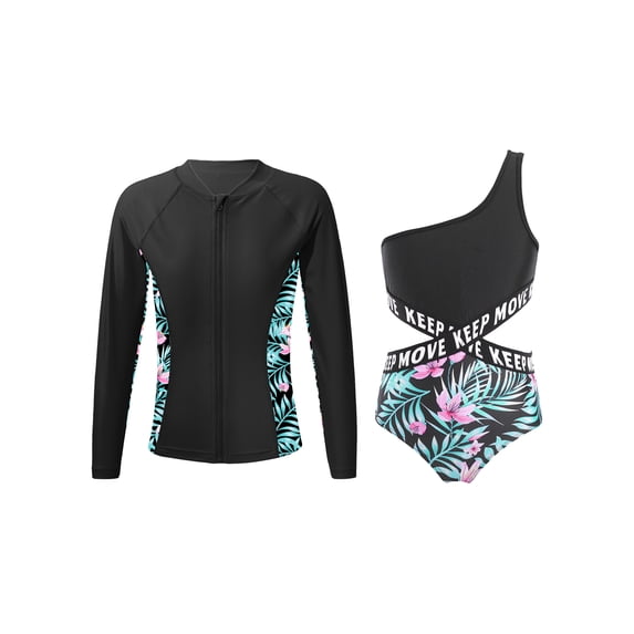 Yruioon Teens Girls One Piece Bathing Suit with Long Sleeve Swim Shirt 2Pcs Swimsuit Summer Swimwear Zipper Lily 16