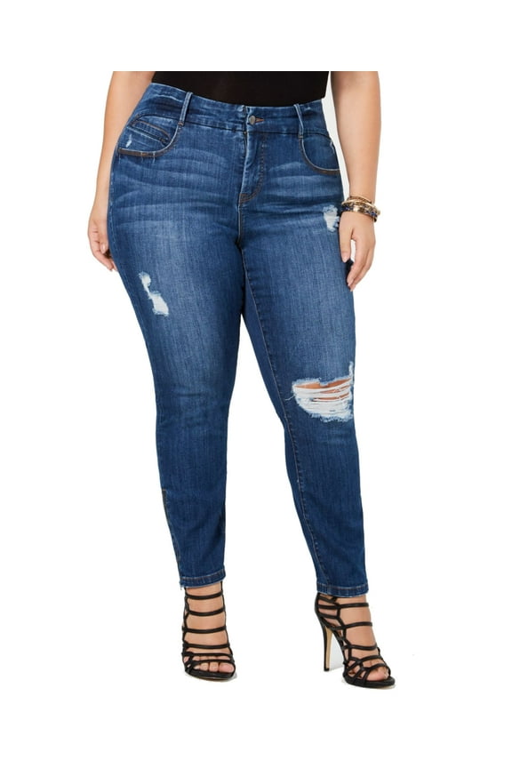 Plus Size Distressed Skinny Zip Ankle Jeans Blue 18W