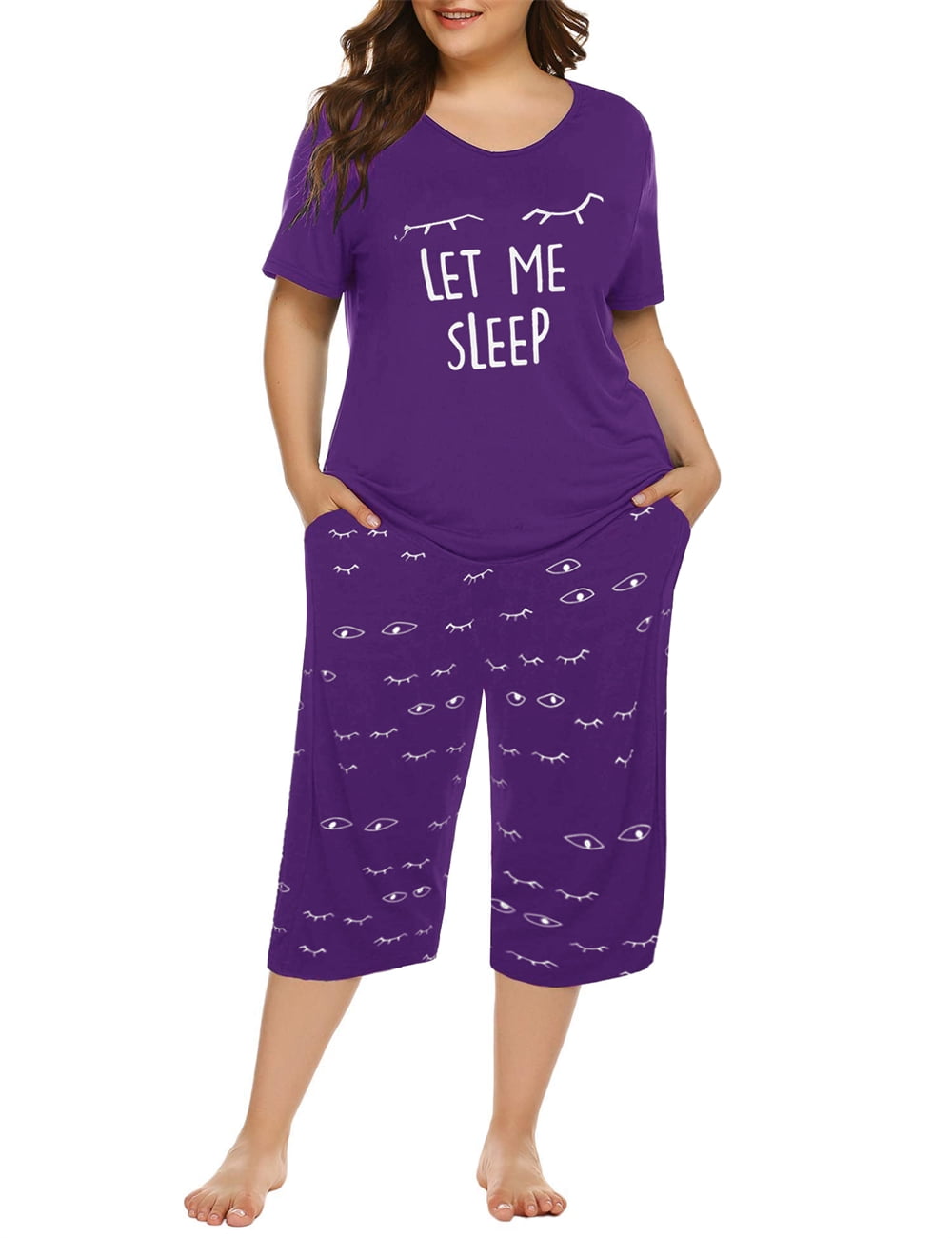 Yskkt Woman Plus Size Pajamas Capris Pants Set Striped Sleep Shirts