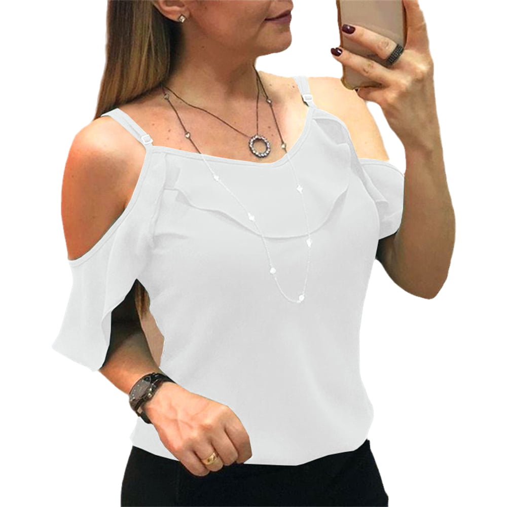 IEPOFG Cold Shoulder Round Neck Tops for Women Summer Sexy Casual T Shirts  Short Sleeve Blouses Cute Tunics Loose Fit Tees at  Women's Clothing  store