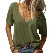 Yskkt Women Fashion Deep V-Neck Short Sleeve Tops Solid Casual Loose Basic T-Shirt