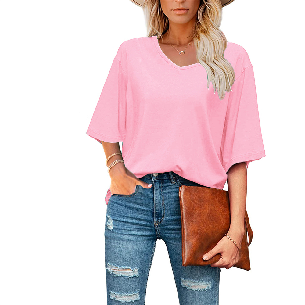 Yskkt Women's Oversized V Neck T Shirts Summer Short Sleeve Basic Tees