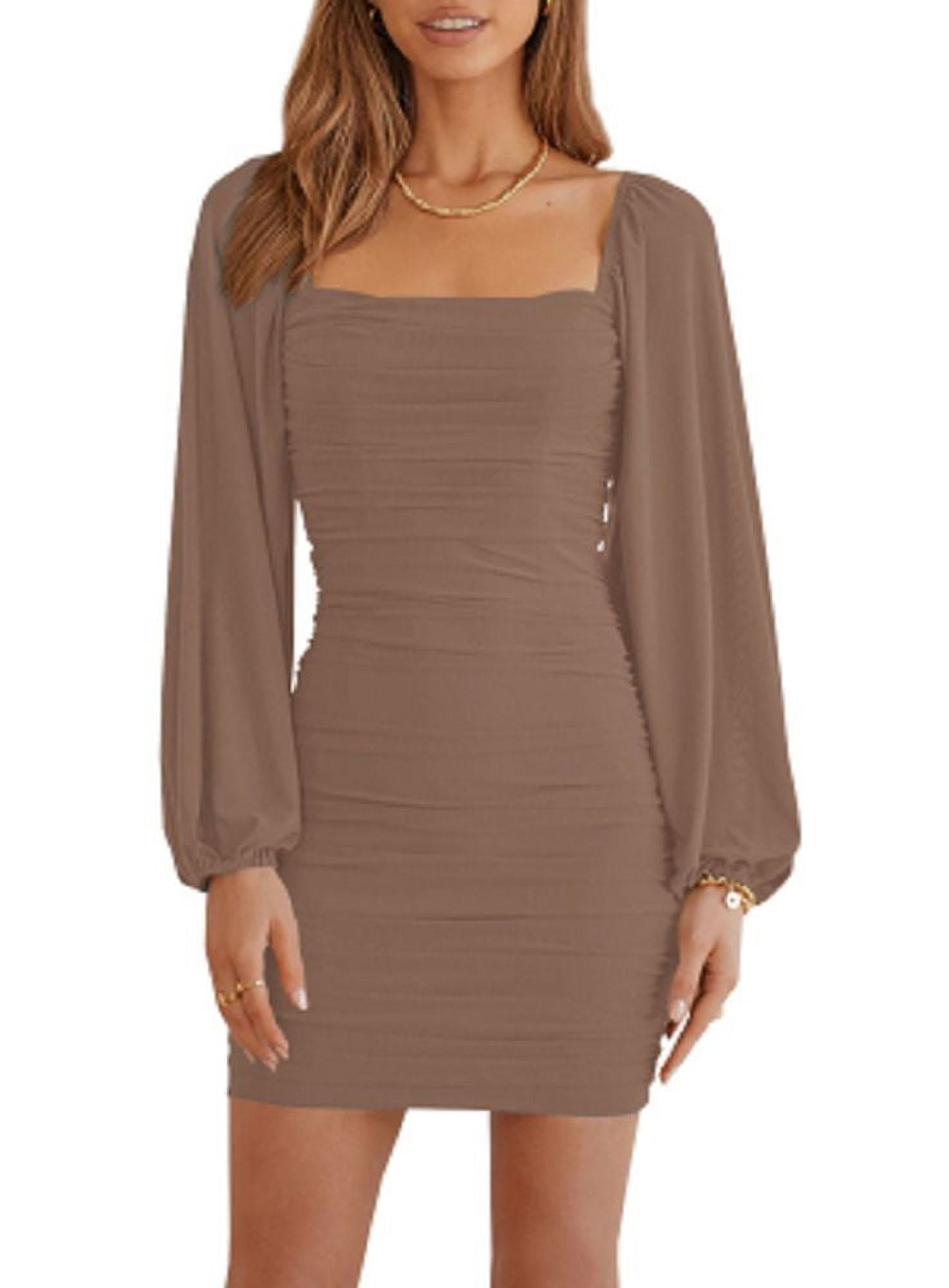 Yskkt Womens Mesh Long Sleeve Square Neck Ruched Party Club Cocktail Bodycon Mini Dress