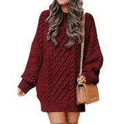 Yskkt Womens Oversized Crew Neck Cable Long Sleeve Chunky Pullover Short Sweaters Dress