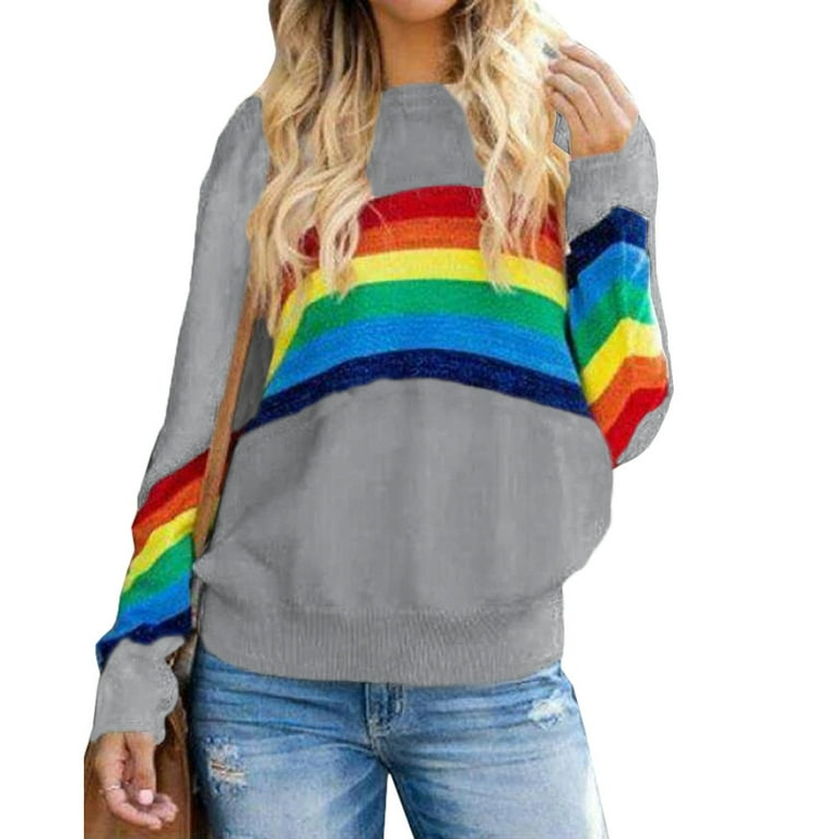Yskkt Womens Rainbow Pullover Sweaters Lightweight Long Sleeve Crew Neck Loose Knit Sweater Walmart