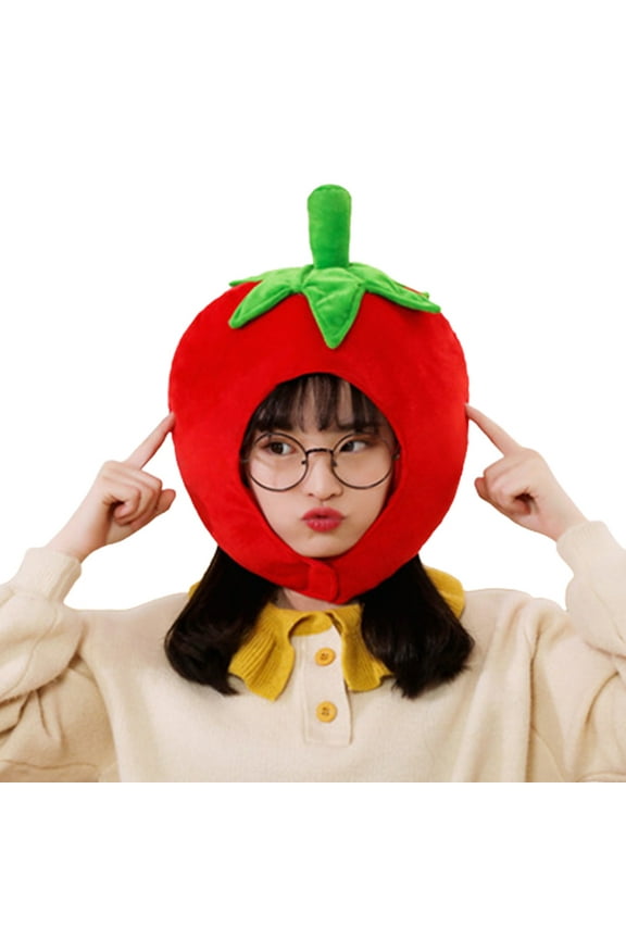 Adult Kids Lovely Tomato Shape Plush Hat Funny Fruit Stuffed Headgear Warm Earflap Cosplay Party Photo Props