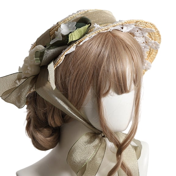 Ysmooiuy Handmade Women 1800s Victorians Wedding Tea Party Hat Bonnet Flat Bonnet Hat Color Flower Sun Hat Straw Weaving Hats