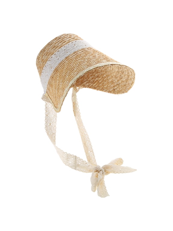 LolitaStyle Straw Hat for Women Girls French Tea Party Hat Lace Patchwork Bonnet Handwoven Sun Hat Headgear
