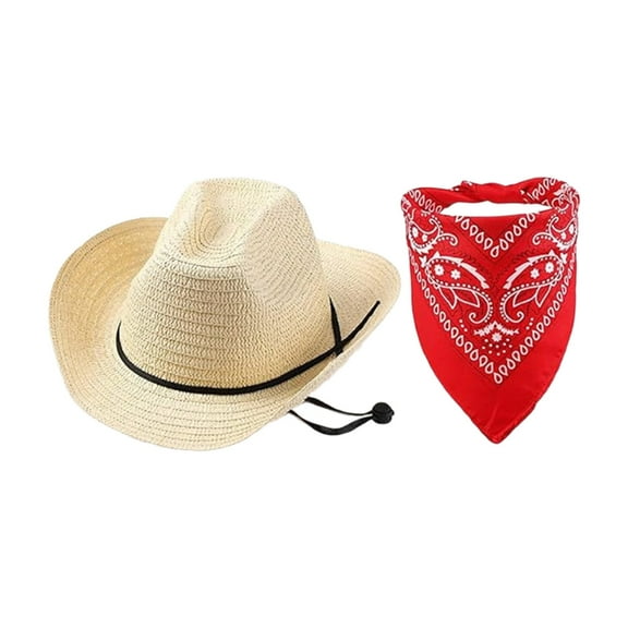 Ysmooiuy Vintage Straw Hat and Bandanas for All Genders Western Panama Hat Handwoven Straw Hat Beach Vacation Hat for Outdoor