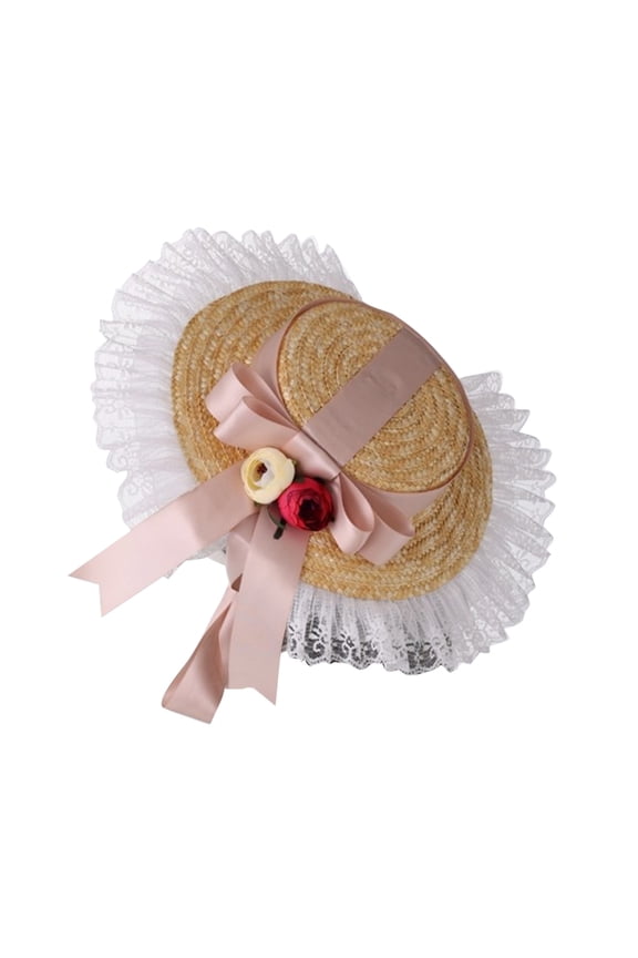 Western Straw Hat with White Bowknot Ruffled Lace Tea Party Versatile Vacation Hat for Beach