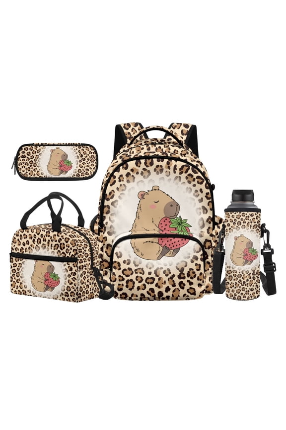 4 Piece Kids Backpack And Lunch Box Set, Leopard Capybara 17 Inch School Backpack, Back to School Supplies for Boys Girls Ages 8-15 Elementary Middle High School