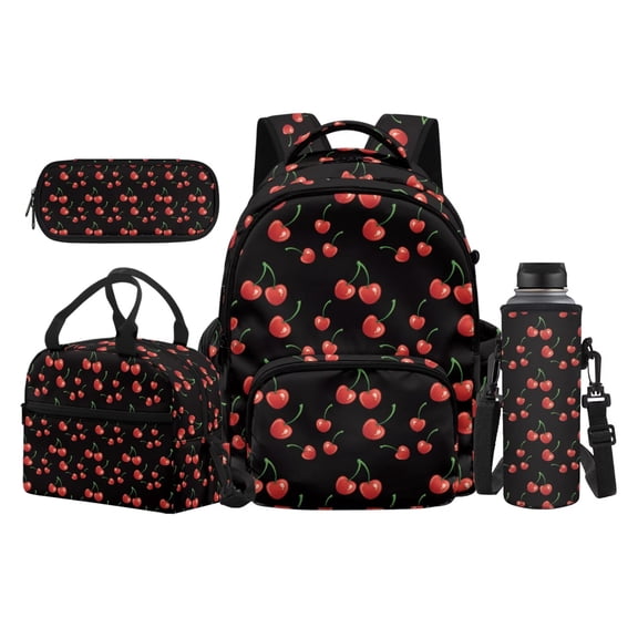Yspwyqan 4 Piece Kids Backpack and Lunch Box Set Red Cherry Large Capacity Bookbags Lightweight 600D Polyester School Bag Set for Girls Ages 8-15, 17 Inch for Elementary Middle School