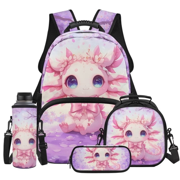 Yspwyqan Axolotl Backpack Set 4Pcs with Lunch Box Pencil Case Water Bottle Bag, Cherry Blossom Lightweight Girls Backpack Set for Elementary Middle School Travel Hiking