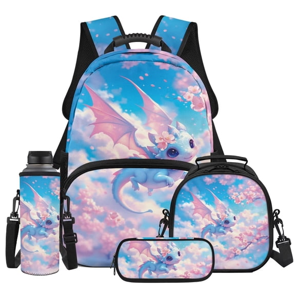 Yspwyqan Baby Dragon Backpack Set for Teens, Cherry Blossom Girls Lunchbox Set 4Pcs, Trendy Large Capacity Laptop Backpack for High School Hiking