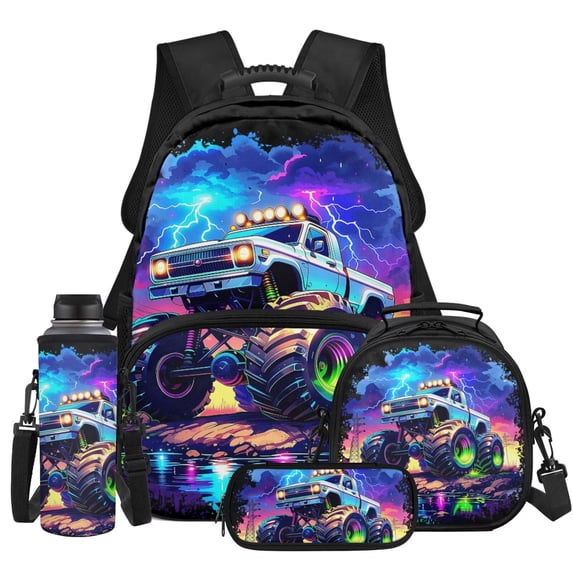 Yspwyqan Backpack Set for Boys, Neon Lightning Truck 4 Piece School Backpack with Lunch Box Pencil Case, 17 Inch Trendy Bookbag Fits 13 Inch Laptop for High School Hiking
