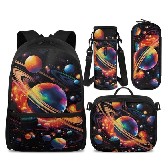 Yspwyqan Backpack Set for Elementary, Cosmic Planet Galaxy Kids Backpack Matching Lunch Box Set 4Pcs, Lightweight Adjustable Straps Fits 14" Laptop Schoolbag for Primary Middle