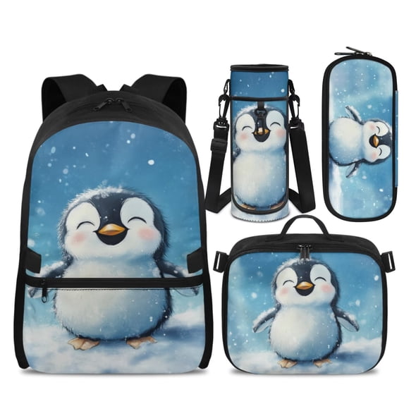 Yspwyqan Backpack Set for Elementary, Snowy Winter Penguin Kids Backpack Matching Lunch Box Set 4Pcs, Lightweight Double Zip Fits 14" Laptop Bags for Primary Middle School