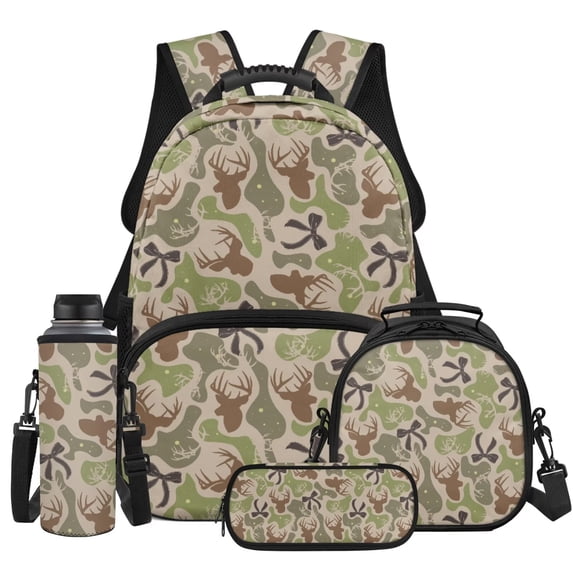 Yspwyqan Backpack Set for Girls, Deer Grey Bow 4 Piece School Backpack Set with Lunch Box Pencil Case, 17 Inch Trendy Bookbag for Middle High School Travel