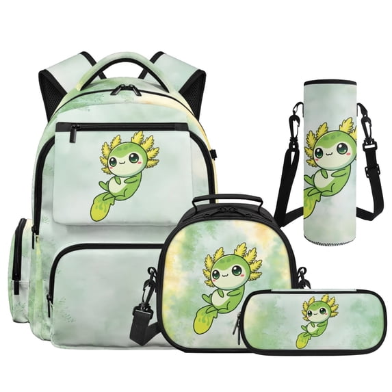 Yspwyqan Backpack Set for High School Teens, Green Axolotl Boys Backpack with Lunch Box Water Bottle, Large Capacity Adjustable Straps Bookbag with Front Pocket for Hiking