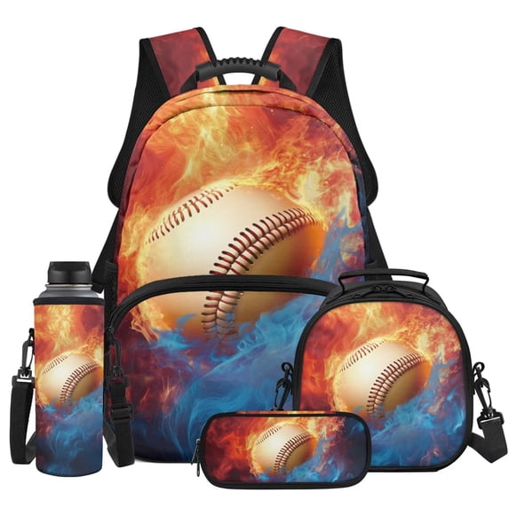 Yspwyqan Backpack Set Kids Boys, Fire Water Baseball 4 Piece Backpack Lunchbox Set with Pencil Case, 17 Inch Lightweight Padded Straps Bag for Elementary Middle School