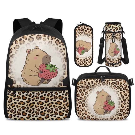 Yspwyqan Backpack Set for Kids Boys and Girls, 4Pcs Backpack Set with Lunch Box Pencil Case, Leopard Strawberry Capybara Lightweight Daypack Fits 14" Laptop for School Travel