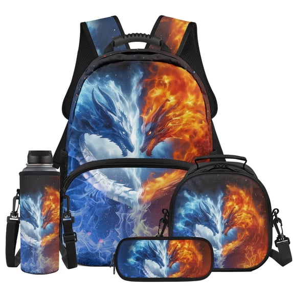 Yspwyqan Backpack Set Kids Boys, Ice Fire Dragon 4 Piece Backpack and Lunchbox Set with Pencil Case, 17 Inch Lightweight Padded Straps Daypack for Middle High School Travel