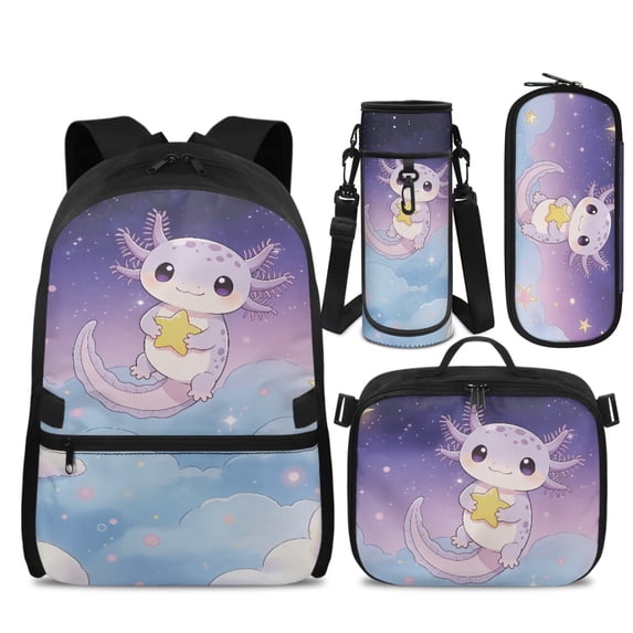 Yspwyqan Backpack Set Kids Boys, Starry Sky Purple Axolotl Backpack and Lunch Box Set for School 4Pcs, Trendy Fits 14" Laptop Casual Daypack for Ages 8-15