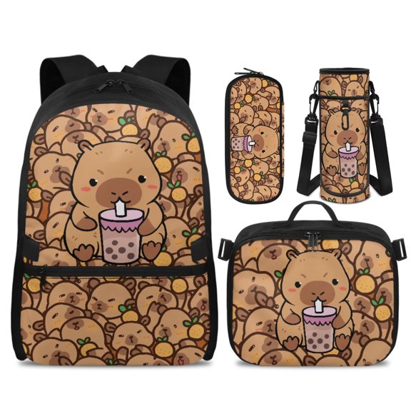 Yspwyqan Backpack Set for Kids, Bubble Tea Capybara Girls Backpack Lunchbox Set with Pencil Case, Lightweight Large Capacity Bookbag Fits 14 Inch Laptop for High School
