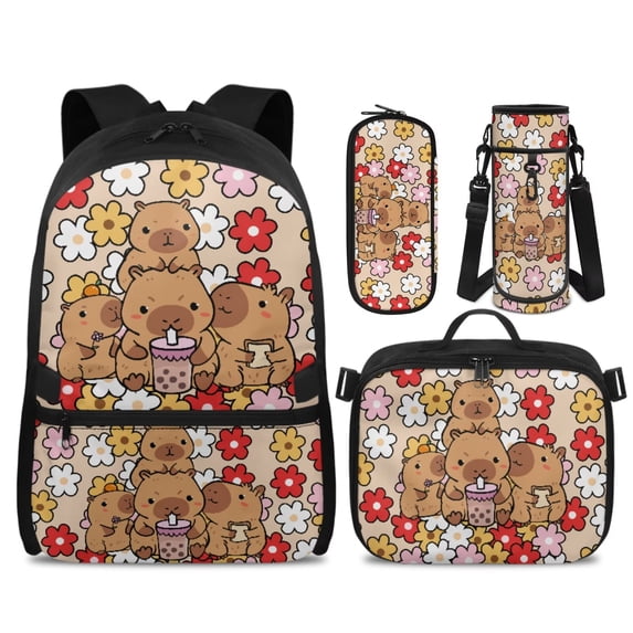Yspwyqan Backpack Set for Kids, Flower Capybara Family Girls Backpack Lunchbox Set with Water Bottle Bag, 17 Inch Double Zipper Large Capacity Bookbag for High School Hiking