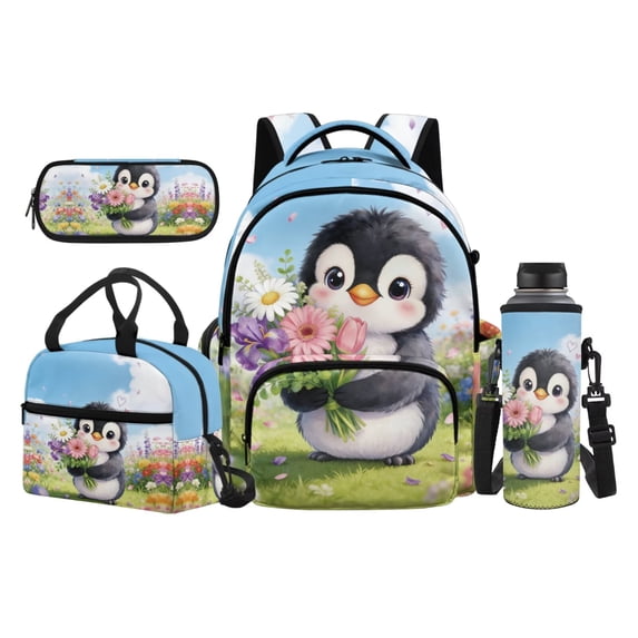 Yspwyqan Backpack Set with Lunch Box and Pencil Case, 4Pcs 600D Polyester Lightweight Backpack Set for School Elementary Middle High School Penguin Floral Travel Daypack