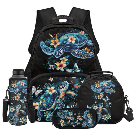 Yspwyqan Backpack Set With Lunch Box Pencil Case Boys, 4Pcs 17 Inch Large Capacity School Backpack Set, Tropical Sea Turtle Adjustable Straps Casual Bookbag for Middle School