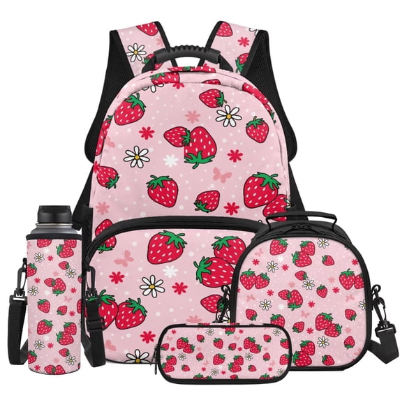 Yspwyqan Backpack Set With Lunch Box Pencil Case Girls, 4Pcs 17 Inch Large CapacityKids Backpack, Strawberry Daisy Adjustable Straps Casual Bookbag for Middle High School Hiking