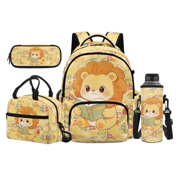 Yspwyqan Backpack Set With Lunch Box Pencil Case Kids, Lightweight Cute Lion Large Capacity School Backpack Set with Adjustable Straps for Elementary Middle School