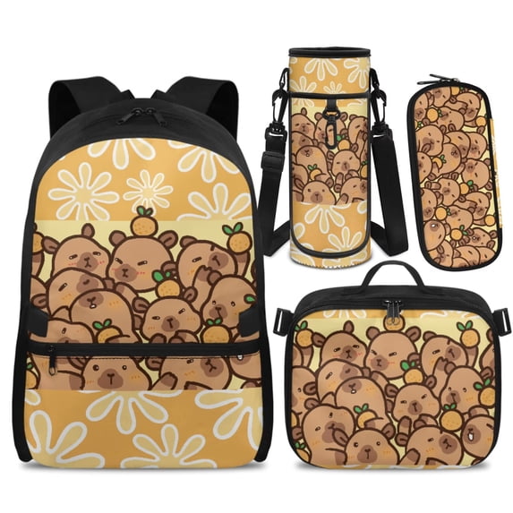 Yspwyqan Backpack Set for Middle School, Orange Daisy Capybara Kids Backpack Set for Boys Ages 8-15, 4Pcs Lightweight Bookbag Fits 14 Inch Laptop Front Pocket for Back to School