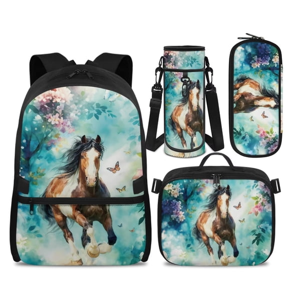 Yspwyqan Backpack Set for Primary Elementary, Aesthetic Horse Kids Backpack Set 4Pcs with Lunch Box Pencil Case, 17" Double Zipper Lightweight Schoolbag Fits 14" Laptop for Travel