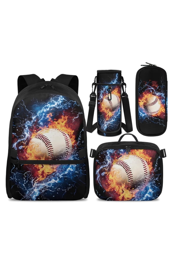 Backpack Set for Primary, Fire Ice Lightning Baseball Boys Backpack and Lunchbox Set with Pencil Case, 17 Inch Lightweight Adjustable Straps Bookbag for Middle Hiking