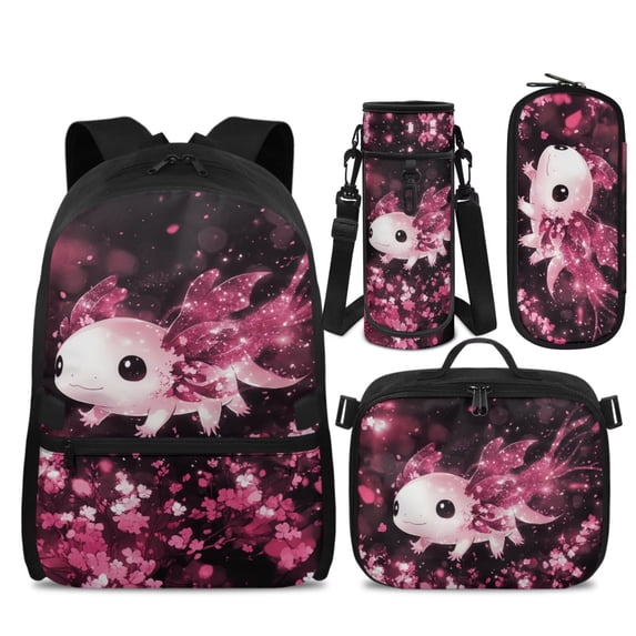 Yspwyqan Backpack Set for School, Galaxy Pink Axolotl Girls Backpack Set with Lunch Box Pencil Case, 17" Trendy Double Zip Casual Daypack for Middle High School Hiking
