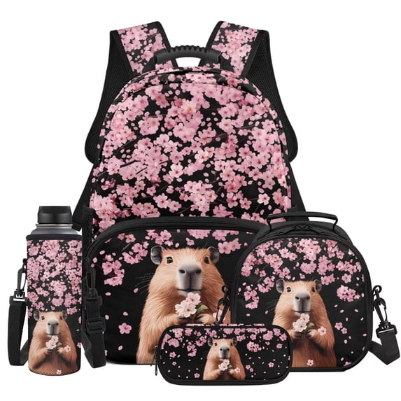 Yspwyqan Backpack Set for Teens, Cherry Blossom Capybara Girls Backpack and Lunchbox Set 4Pcs, 17 Inch Trendy Large Capacity Bag Fits 13 Inch Laptop for Middle High School